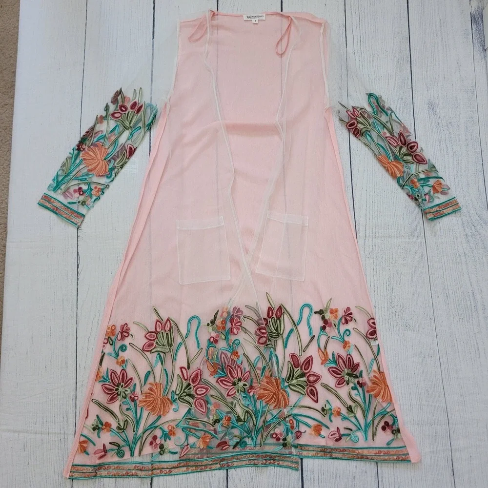 Wonderland by Orange Women's Size S Sheer Duster Cardigan‎ Pink Floral Mesh